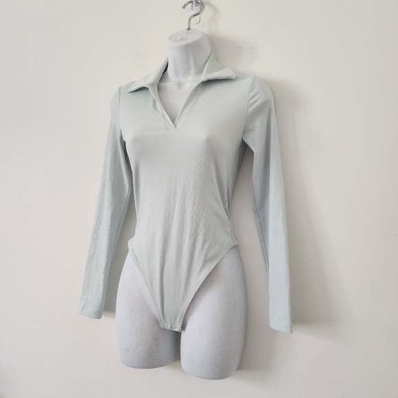 House of Harlow 1960 Green Ribbed Long Sleeve Collared Bodysuit w/ Snaps Size XS - Picture 5 of 13